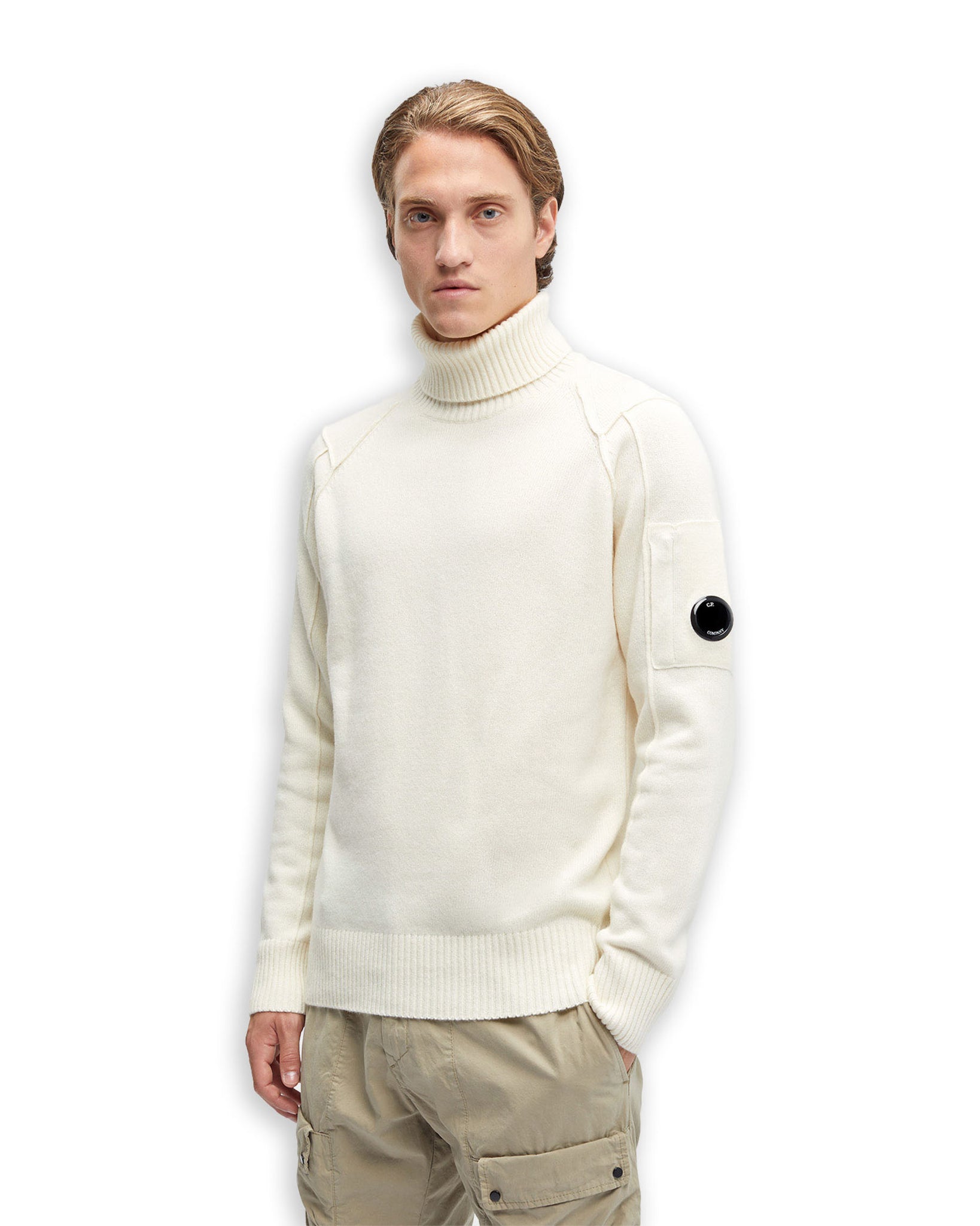 CP Company Lambswool Roll Neck High Collar Visible Stitching White Men